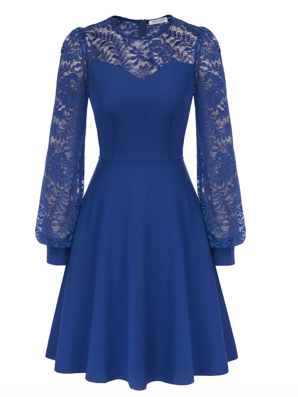 Kate Kasin Lace Patchwork Dress Long Sleeve Crew Neck Flared A-Line Dress